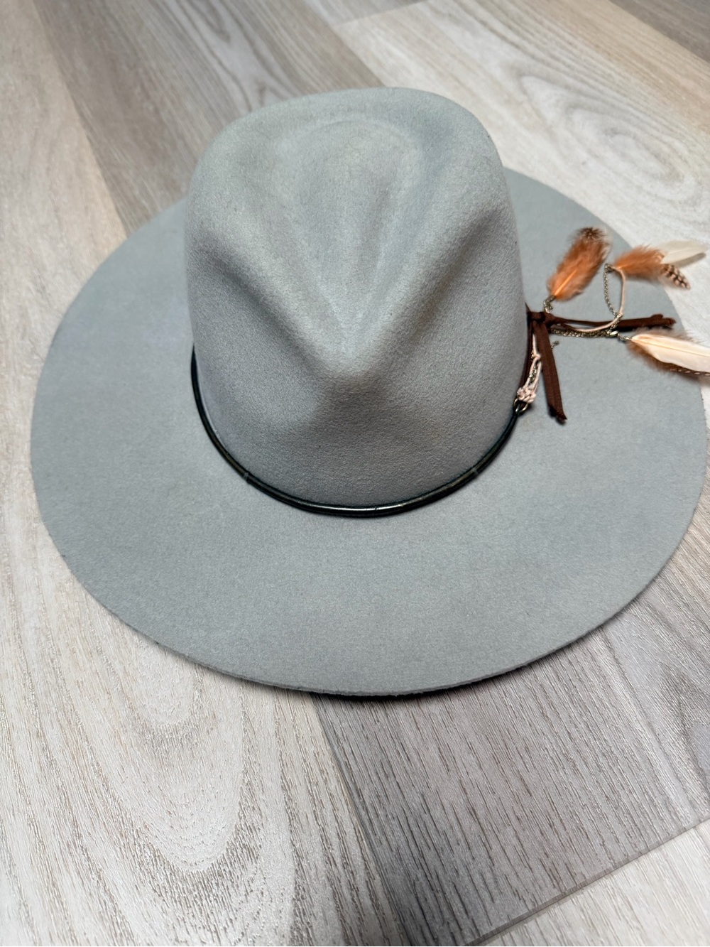 Brixton Light Gray Wool Felt Wide-Brim Hat with Feather Trim